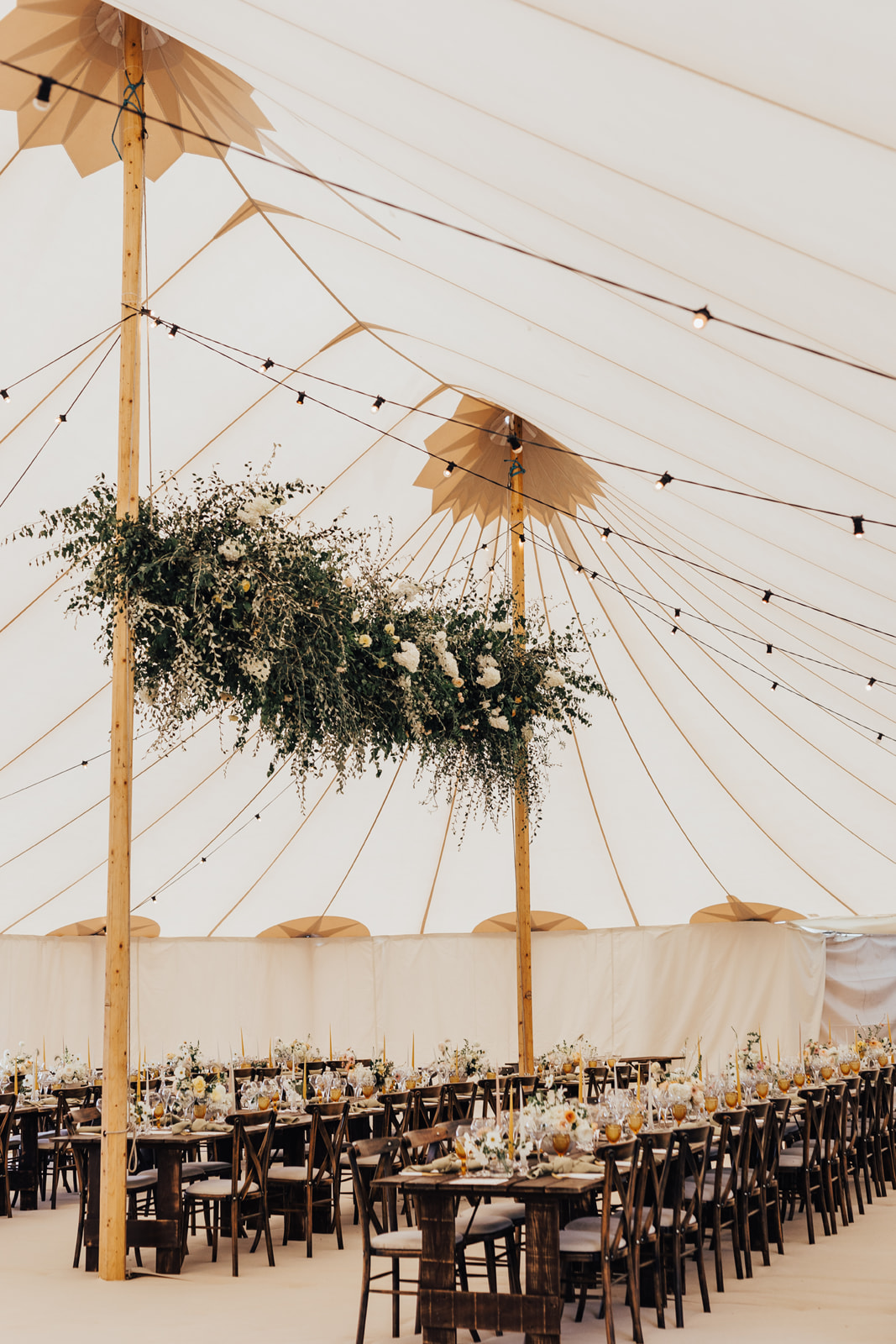 Lora & Dave's Garden Sperry Tent Wedding dining decor, by Natalie Hewitt & Joseph Benjamin Marquees Images by Rebecca Carpenter Photography