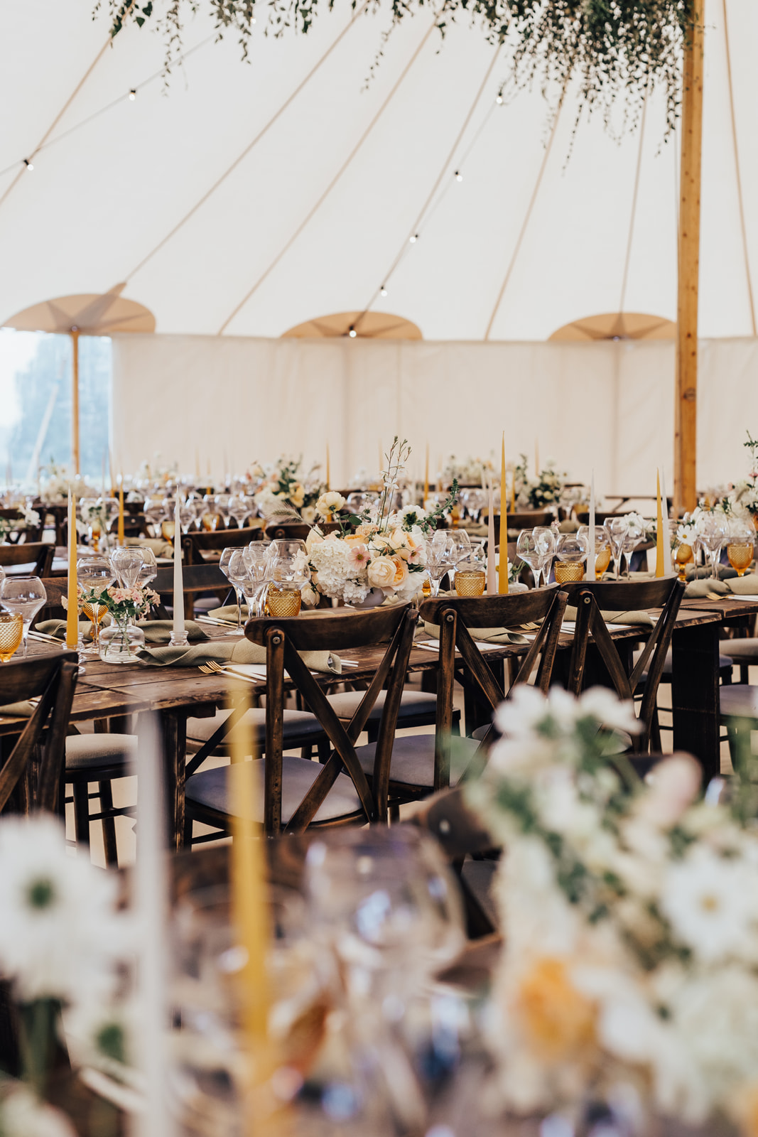 Lora & Dave's Garden Sperry Tent Wedding dining details, by Natalie Hewitt & Joseph Benjamin Marquees Images by Rebecca Carpenter Photography